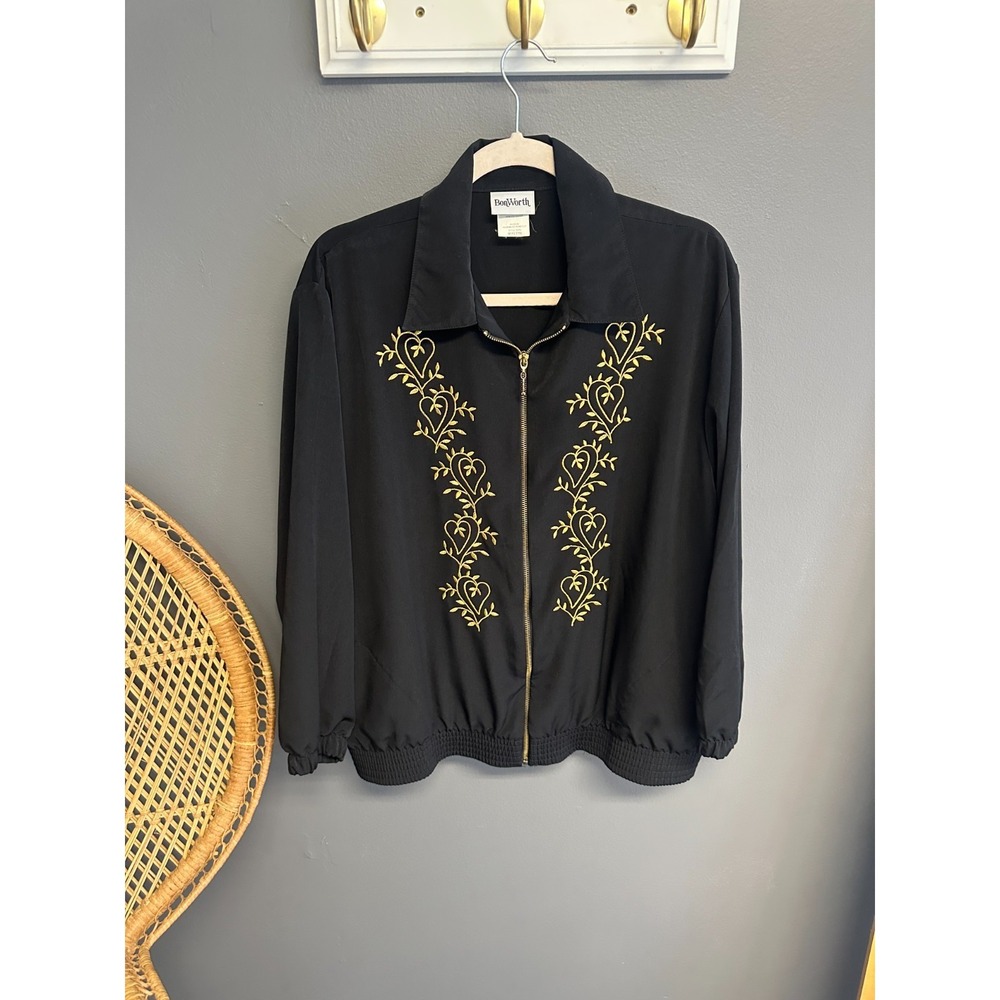 Vintage‎ BonWorth Zip Bomber Track Jacket Womens Medium Petite Black Embroidered